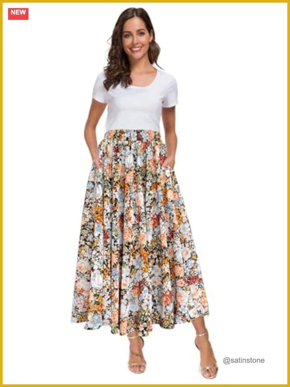 Afibi Chiffon High Waist Midi Skirt Floral Print Swing Beach with Pockets